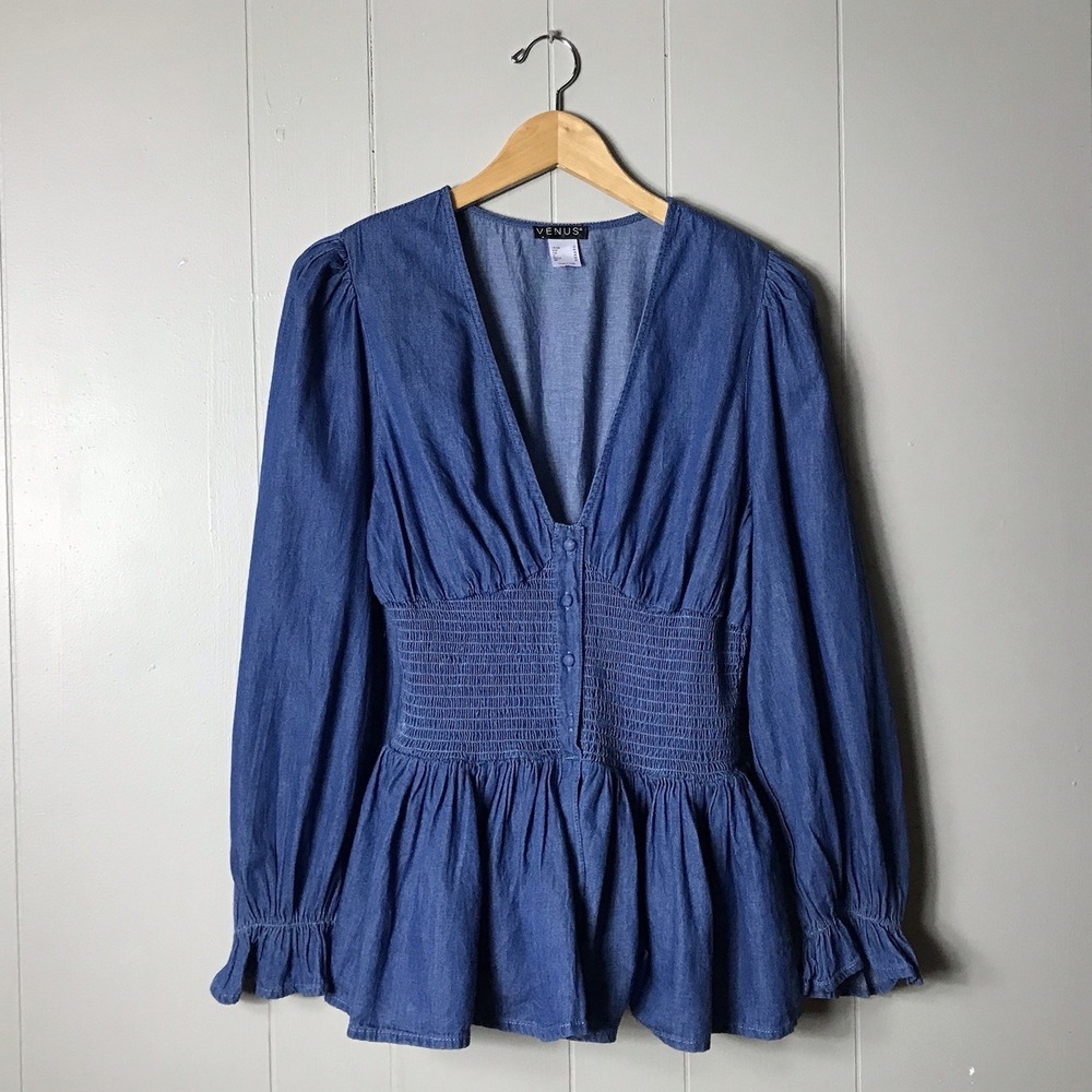 VENUS DENIM CORSET SMOCKED WASIST BLOUSE DEEP V NECK PUFF SLEEVES WOMENS SIZE 12